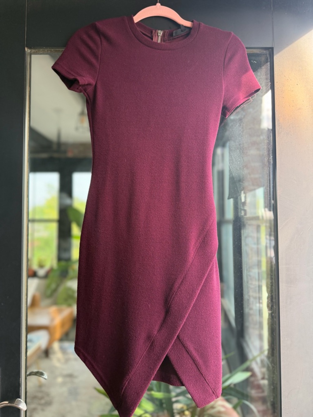 Olivaceous Short-Sleeve Asymmetrical Wrap Dress - Burgundy
